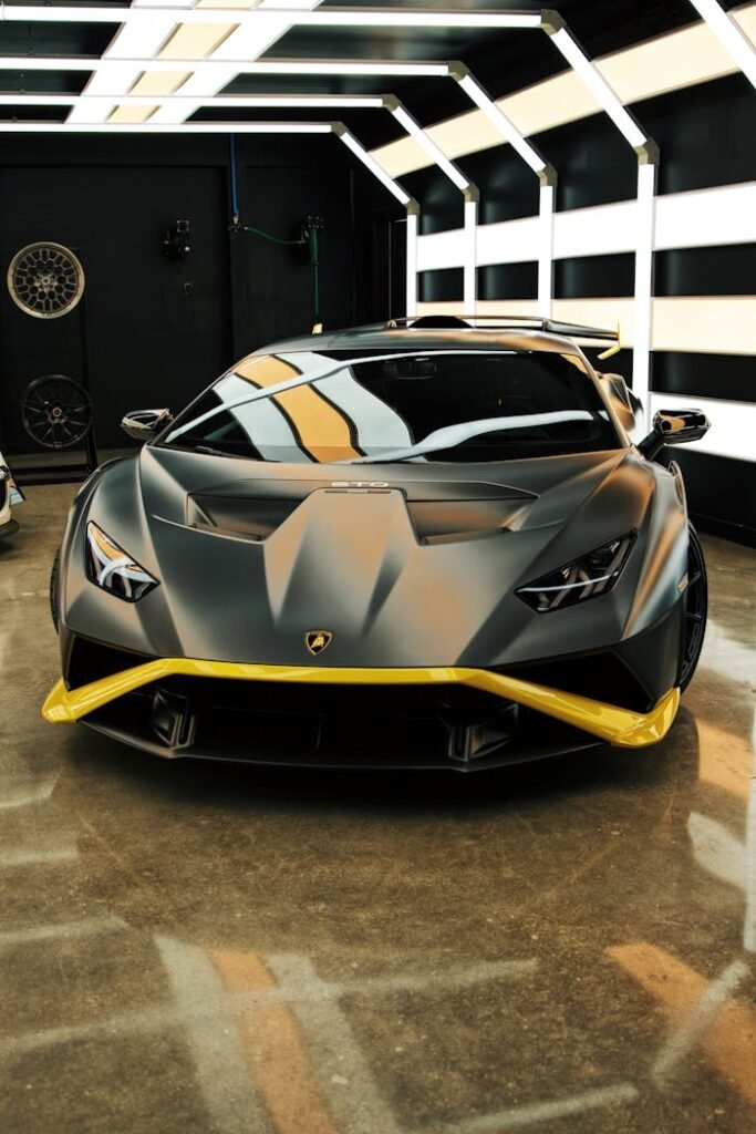 Explore the futuristic design of a Lamborghini Huracan in a stylish Los Angeles showroom.